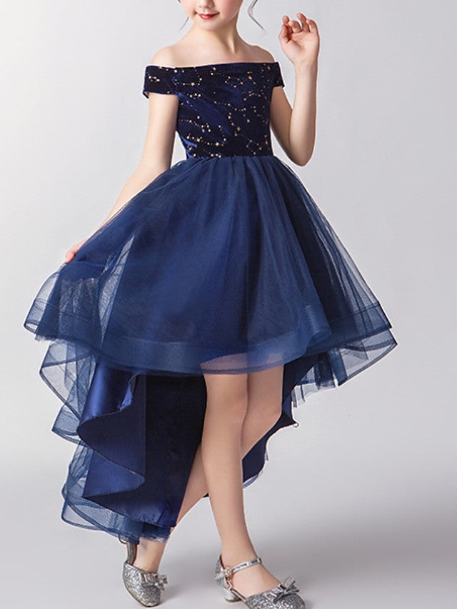 Short Sleeve A-Line Tulle Flower Girl Dress With Off Shoulder Print-BallBride