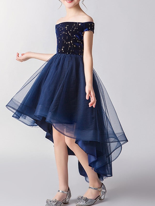 Short Sleeve A-Line Tulle Flower Girl Dress With Off Shoulder Print-BallBride