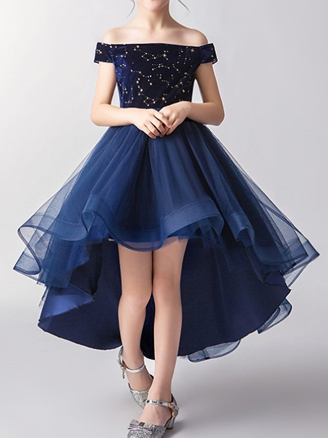 Short Sleeve A-Line Tulle Flower Girl Dress With Off Shoulder Print-BallBride