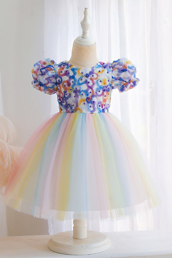 Short Sleeve Ball Gown Flower Girl Dress with Bow Appliques by Scoop-BallBride