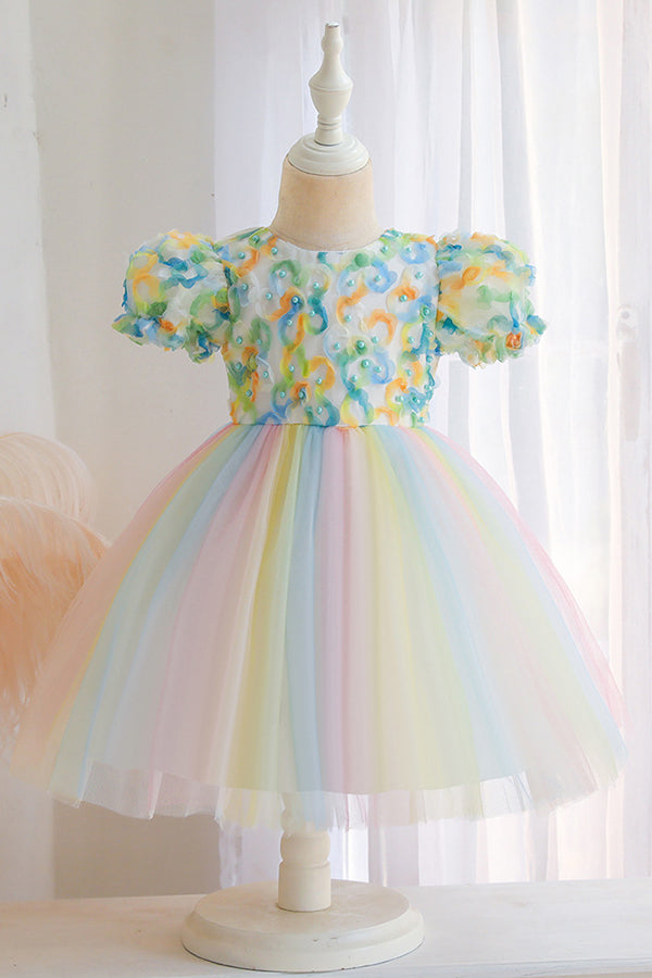 Short Sleeve Ball Gown Flower Girl Dress with Bow Appliques by Scoop-BallBride