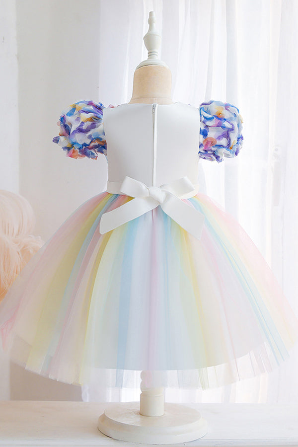 Short Sleeve Ball Gown Flower Girl Dress with Bow Appliques by Scoop-BallBride