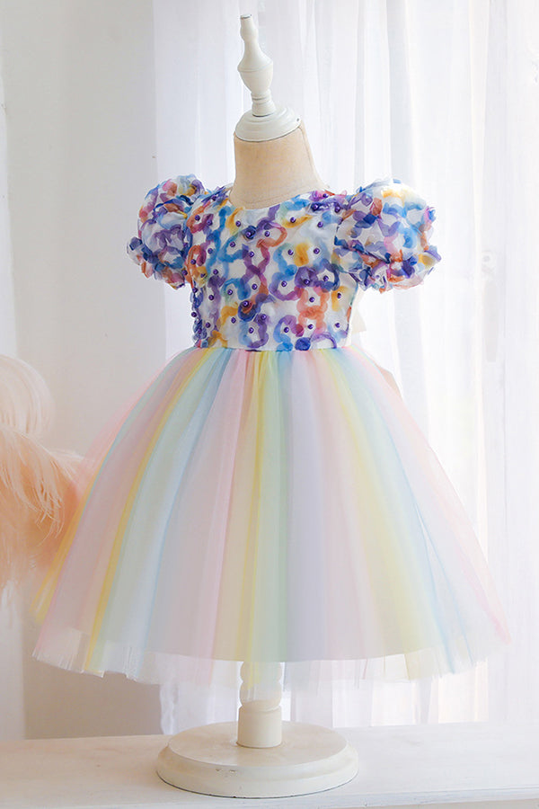 Short Sleeve Ball Gown Flower Girl Dress with Bow Appliques by Scoop-BallBride