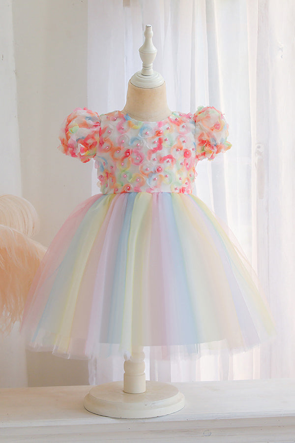 Short Sleeve Ball Gown Flower Girl Dress with Bow Appliques by Scoop-BallBride