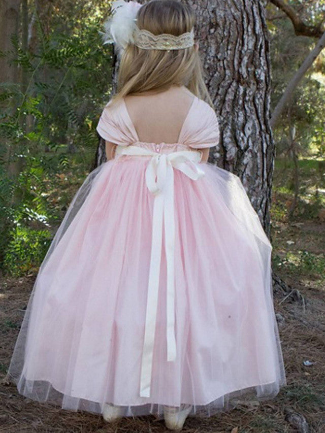 Short Sleeve Ball Gown Flower Girl Dress With Bow-BallBride