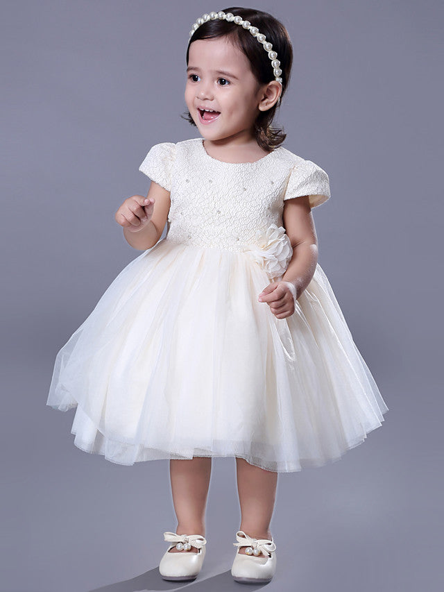 Short Sleeve Beading and Lace Flower Girl Dress with Belt-BallBride