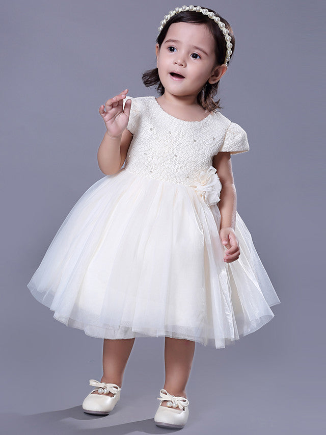 Short Sleeve Beading and Lace Flower Girl Dress with Belt-BallBride