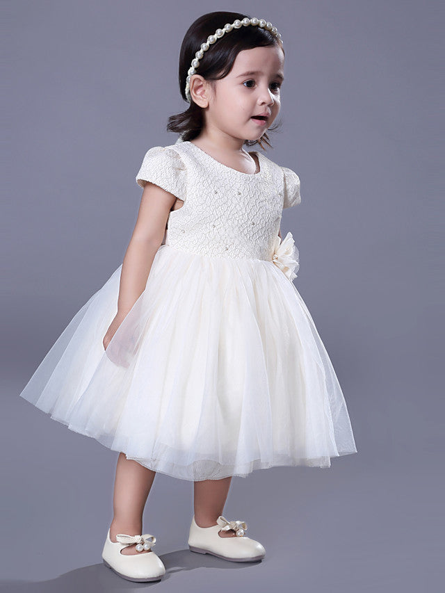 Short Sleeve Beading and Lace Flower Girl Dress with Belt-BallBride