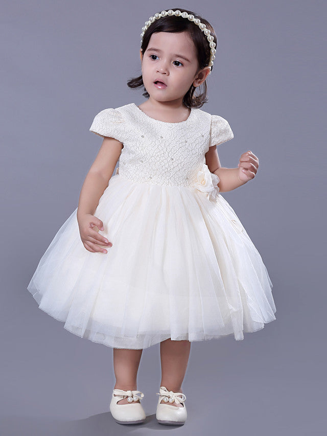 Short Sleeve Beading and Lace Flower Girl Dress with Belt-BallBride