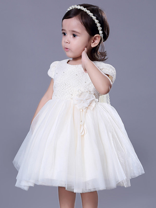 Short Sleeve Beading and Lace Flower Girl Dress with Belt-BallBride