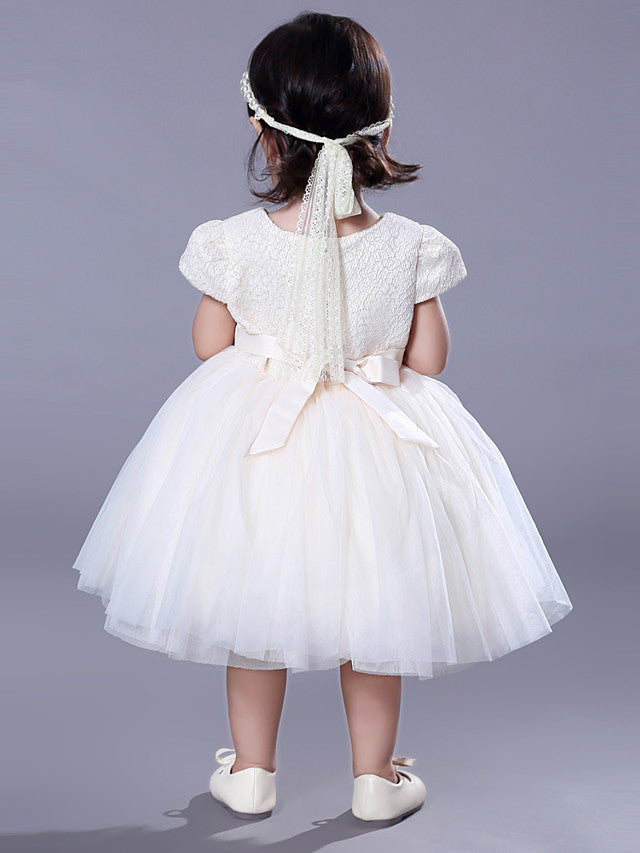 Short Sleeve Beading and Lace Flower Girl Dress with Belt-BallBride