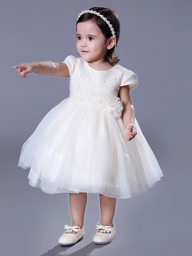 Short Sleeve Beading and Lace Flower Girl Dress with Belt-BallBride