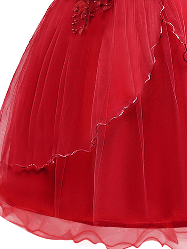 Short Sleeve Boat Neck Chiffon Tulle Flower Girl Dress with Beading Appliques & Paillette-BallBride