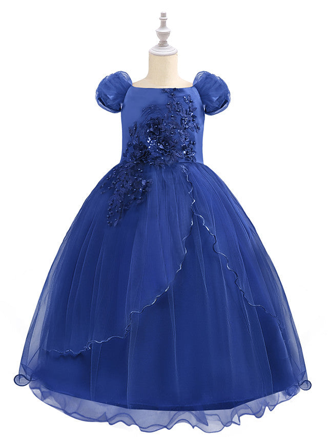 Short Sleeve Boat Neck Chiffon Tulle Flower Girl Dress with Beading Appliques & Paillette-BallBride