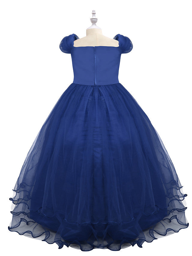 Short Sleeve Boat Neck Chiffon Tulle Flower Girl Dress with Beading Appliques & Paillette-BallBride