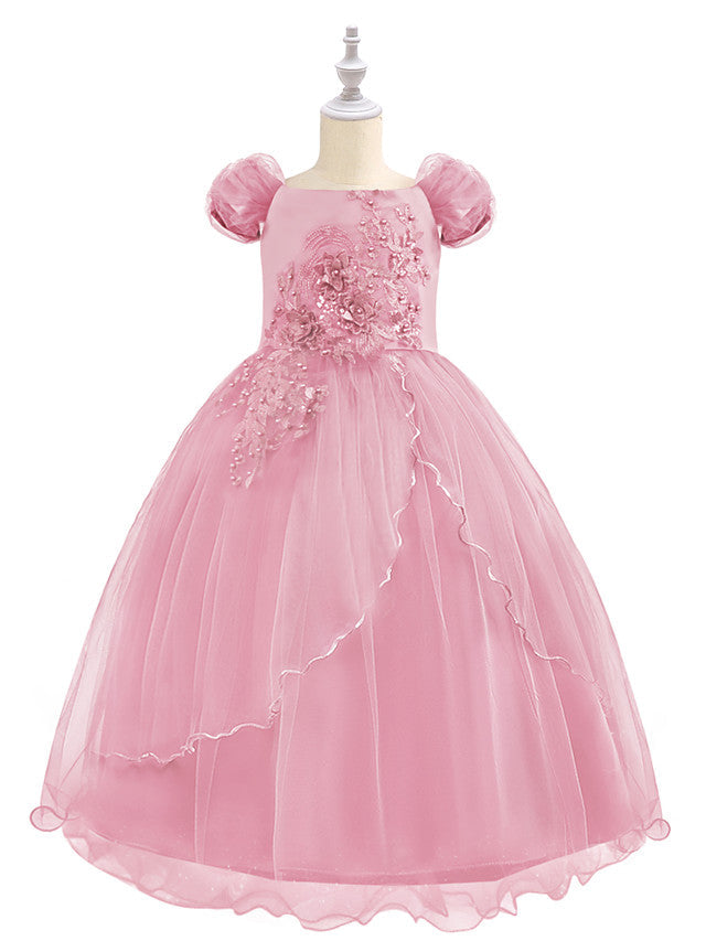 Short Sleeve Boat Neck Chiffon Tulle Flower Girl Dress with Beading Appliques & Paillette-BallBride