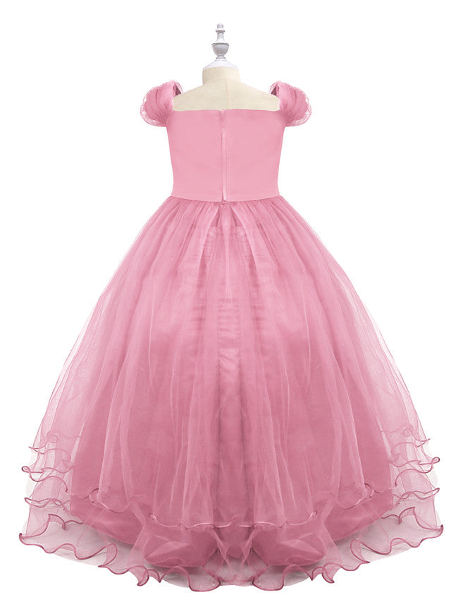 Short Sleeve Boat Neck Chiffon Tulle Flower Girl Dress with Beading Appliques & Paillette-BallBride
