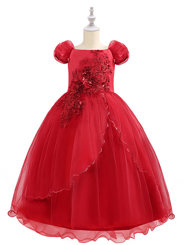 Short Sleeve Boat Neck Chiffon Tulle Flower Girl Dress with Beading Appliques & Paillette-BallBride