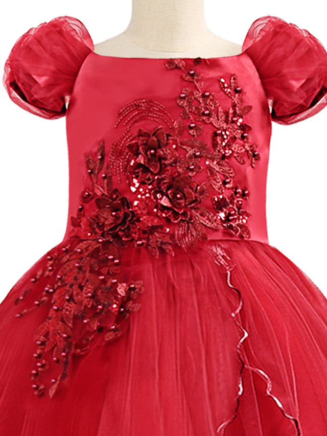 Short Sleeve Boat Neck Chiffon Tulle Flower Girl Dress with Beading Appliques & Paillette-BallBride
