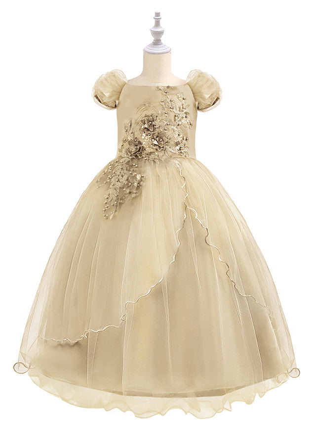 Short Sleeve Boat Neck Chiffon Tulle Flower Girl Dress with Beading Appliques & Paillette-BallBride