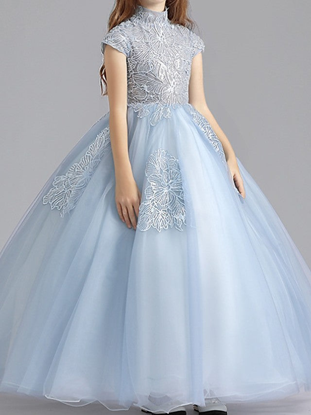 Short Sleeve High Neck Ball Gown with Ruching for Flower Girls-BallBride
