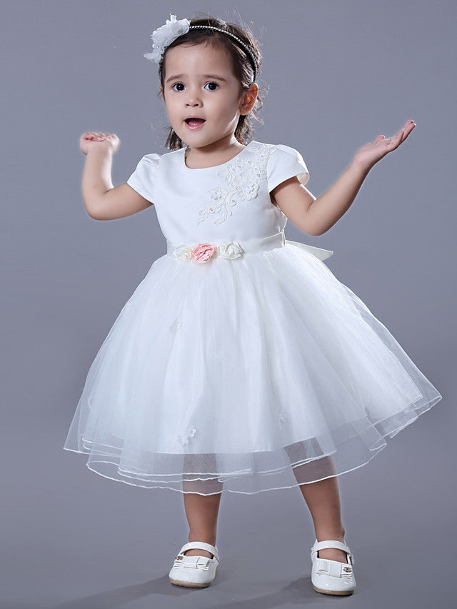 Short Sleeve Jewel Ball Gown Flower Girl Dress Satin Tulle With Beadings Embroidery-BallBride