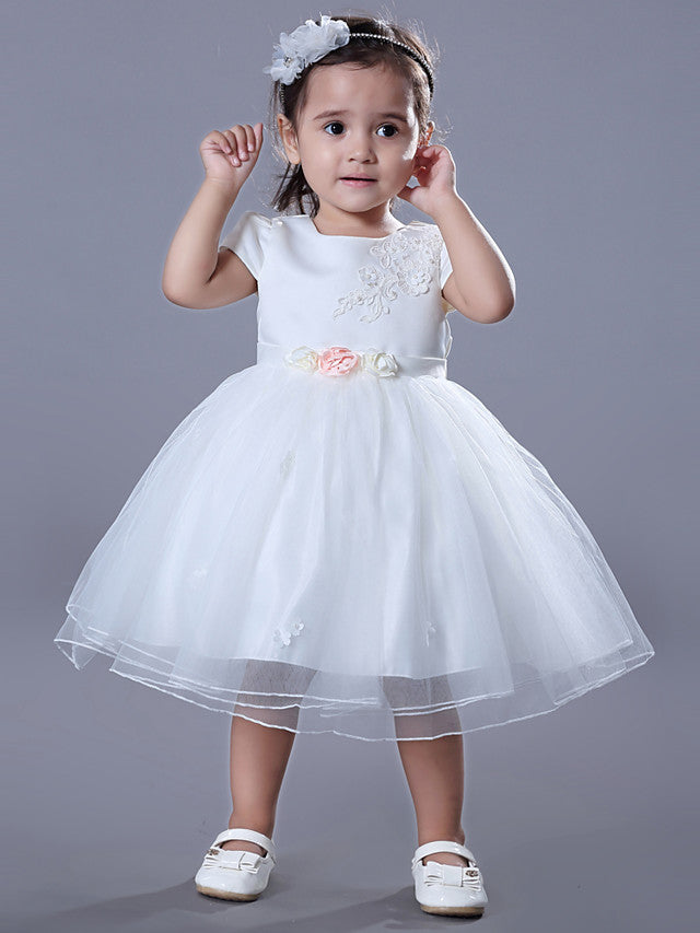 Short Sleeve Jewel Ball Gown Flower Girl Dress Satin Tulle With Beadings Embroidery-BallBride