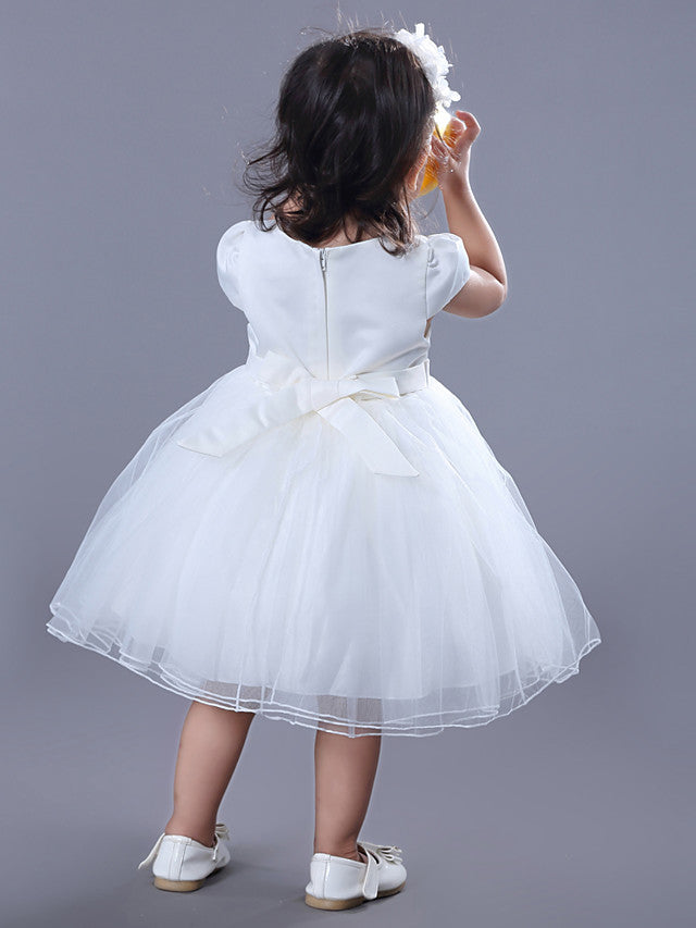Short Sleeve Jewel Ball Gown Flower Girl Dress Satin Tulle With Beadings Embroidery-BallBride