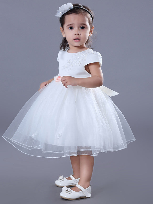 Short Sleeve Jewel Ball Gown Flower Girl Dress Satin Tulle With Beadings Embroidery-BallBride