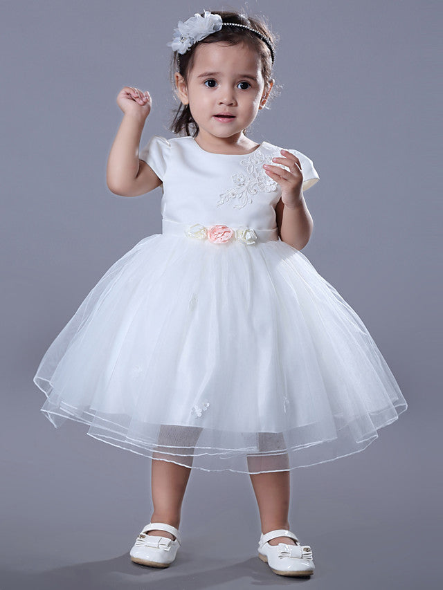 Short Sleeve Jewel Ball Gown Flower Girl Dress Satin Tulle With Beadings Embroidery-BallBride