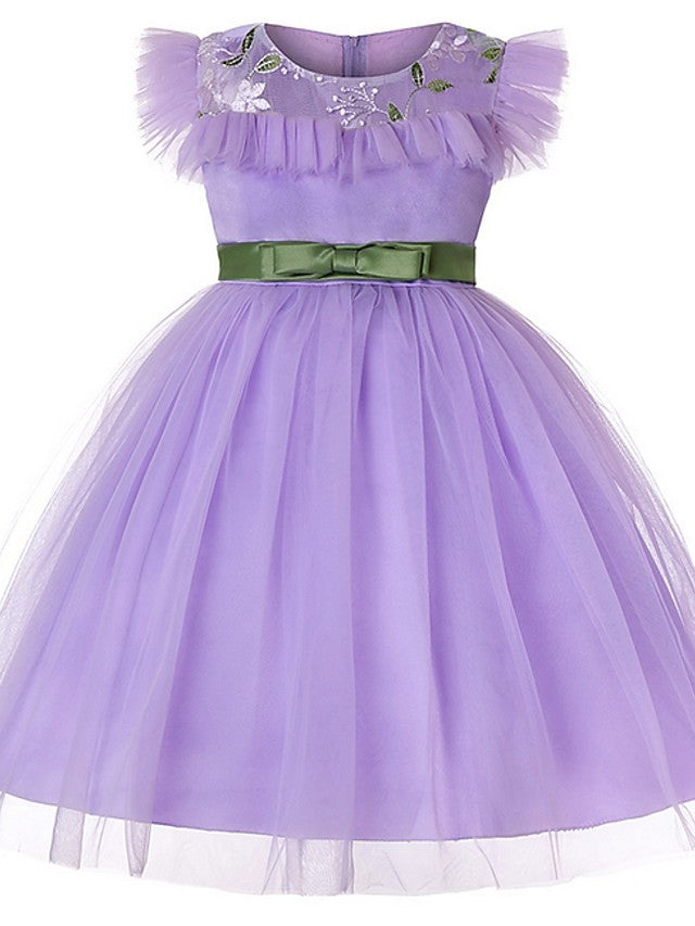 Short Sleeve Jewel Flower Girl Dresses with Tulle Sash-BallBride