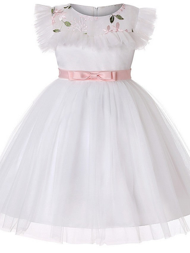Short Sleeve Jewel Flower Girl Dresses with Tulle Sash-BallBride