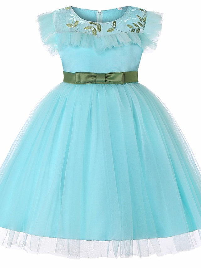 Short Sleeve Jewel Flower Girl Dresses with Tulle Sash-BallBride