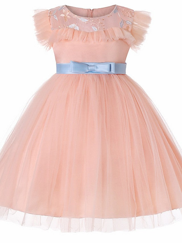 Short Sleeve Jewel Flower Girl Dresses with Tulle Sash-BallBride