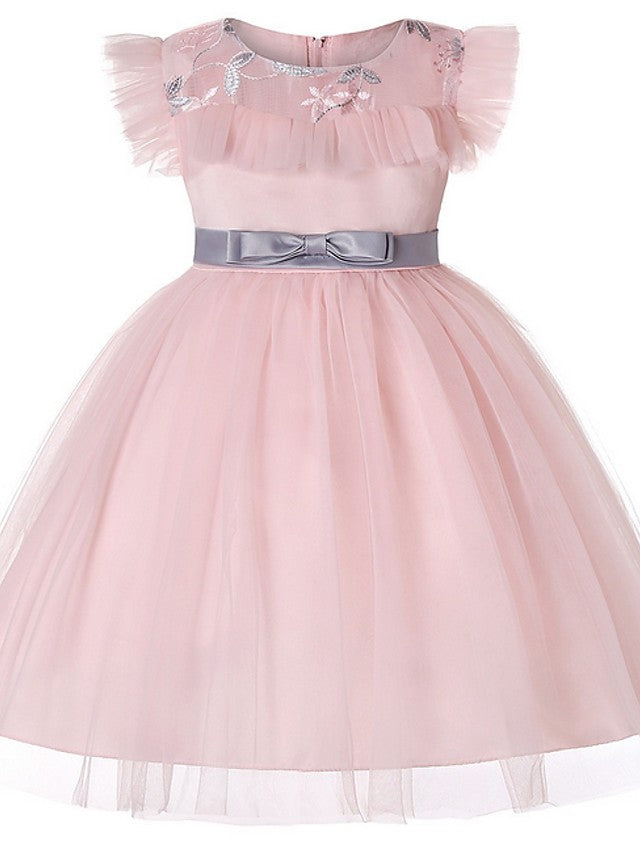 Short Sleeve Jewel Flower Girl Dresses with Tulle Sash-BallBride