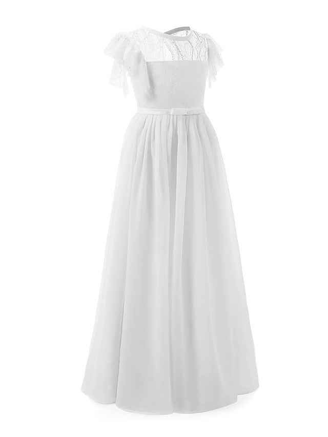 Short Sleeve Jewel Neck Flower Girl Dress with Lace and Butterfly-BallBride