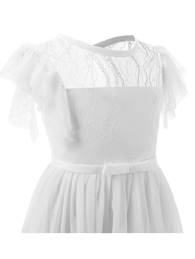 Short Sleeve Jewel Neck Flower Girl Dress with Lace and Butterfly-BallBride