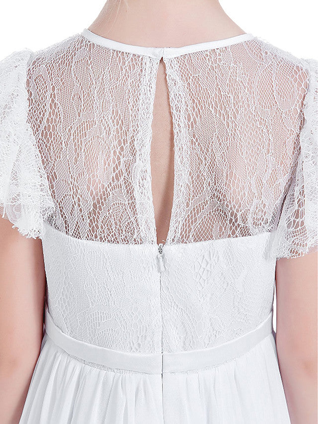 Short Sleeve Jewel Neck Flower Girl Dress with Lace and Butterfly-BallBride