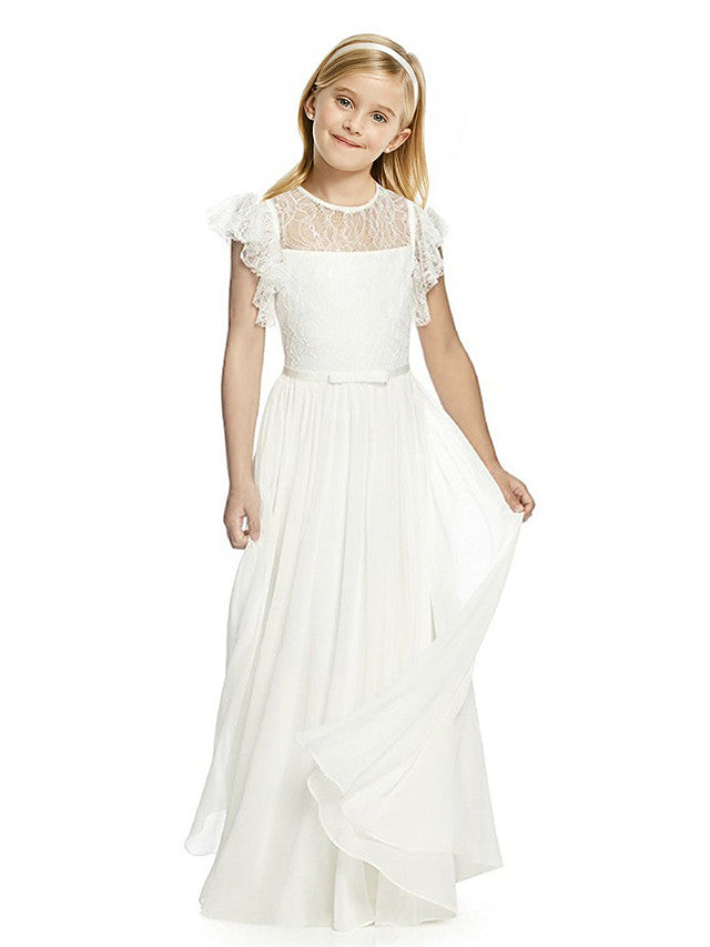 Short Sleeve Jewel Neck Flower Girl Dress with Lace and Butterfly-BallBride