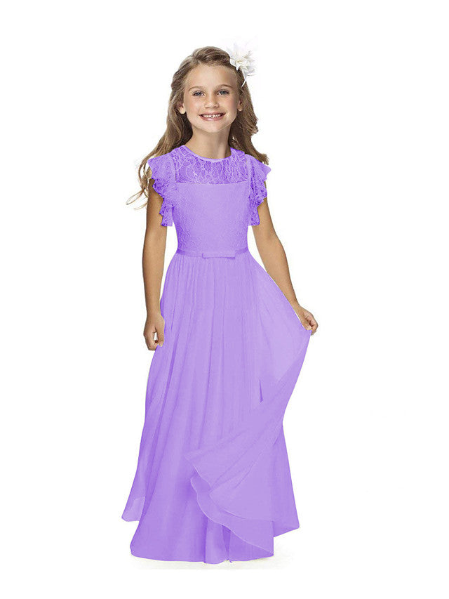 Short Sleeve Jewel Neck Flower Girl Dress with Lace and Butterfly-BallBride