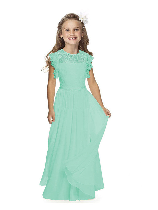 Short Sleeve Jewel Neck Flower Girl Dress with Lace and Butterfly-BallBride