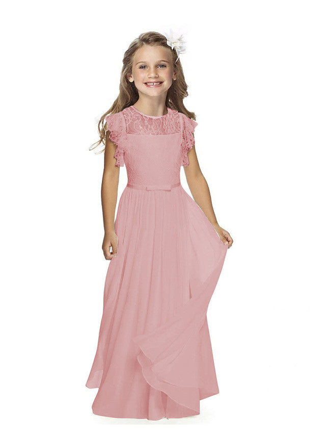 Short Sleeve Jewel Neck Flower Girl Dress with Lace and Butterfly-BallBride