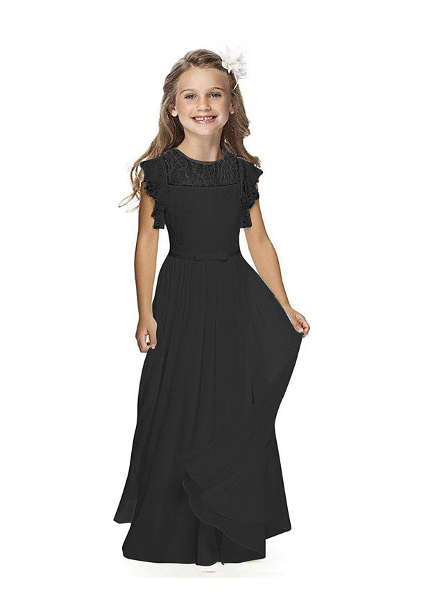 Short Sleeve Jewel Neck Flower Girl Dress with Lace and Butterfly-BallBride