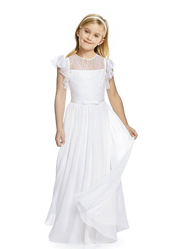 Short Sleeve Jewel Neck Flower Girl Dress with Lace and Butterfly-BallBride