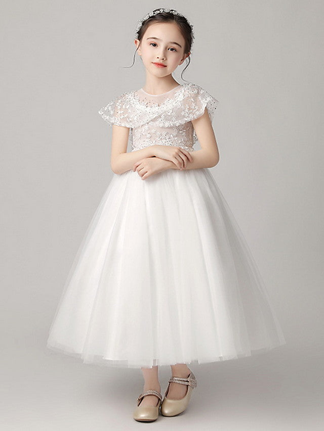 Short Sleeve Jewel Neck Flower Girl Dress With Lace-BallBride