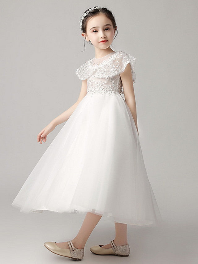 Short Sleeve Jewel Neck Flower Girl Dress With Lace-BallBride