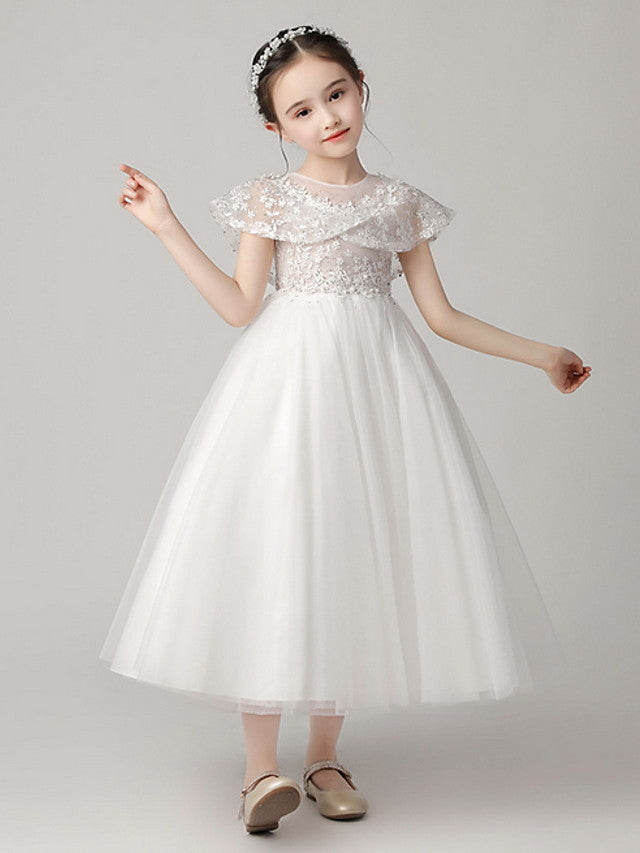 Short Sleeve Jewel Neck Flower Girl Dress With Lace-BallBride