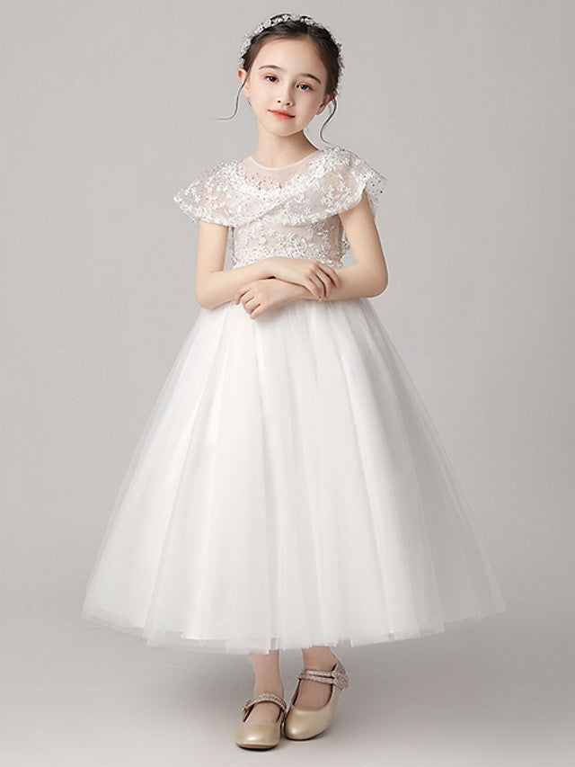Short Sleeve Jewel Neck Flower Girl Dress With Lace-BallBride