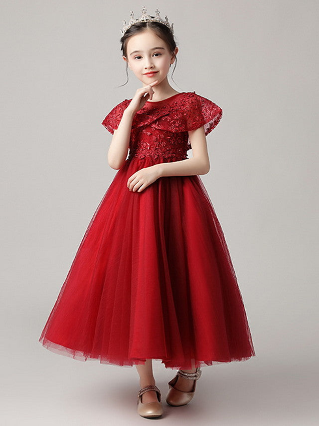 Short Sleeve Jewel Neck Flower Girl Dress With Lace-BallBride