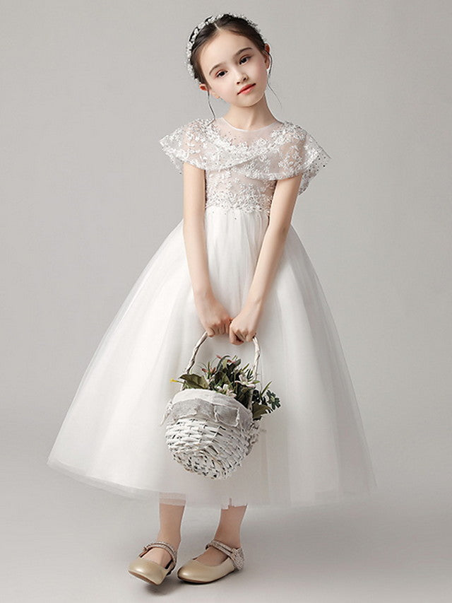 Short Sleeve Jewel Neck Flower Girl Dress With Lace-BallBride